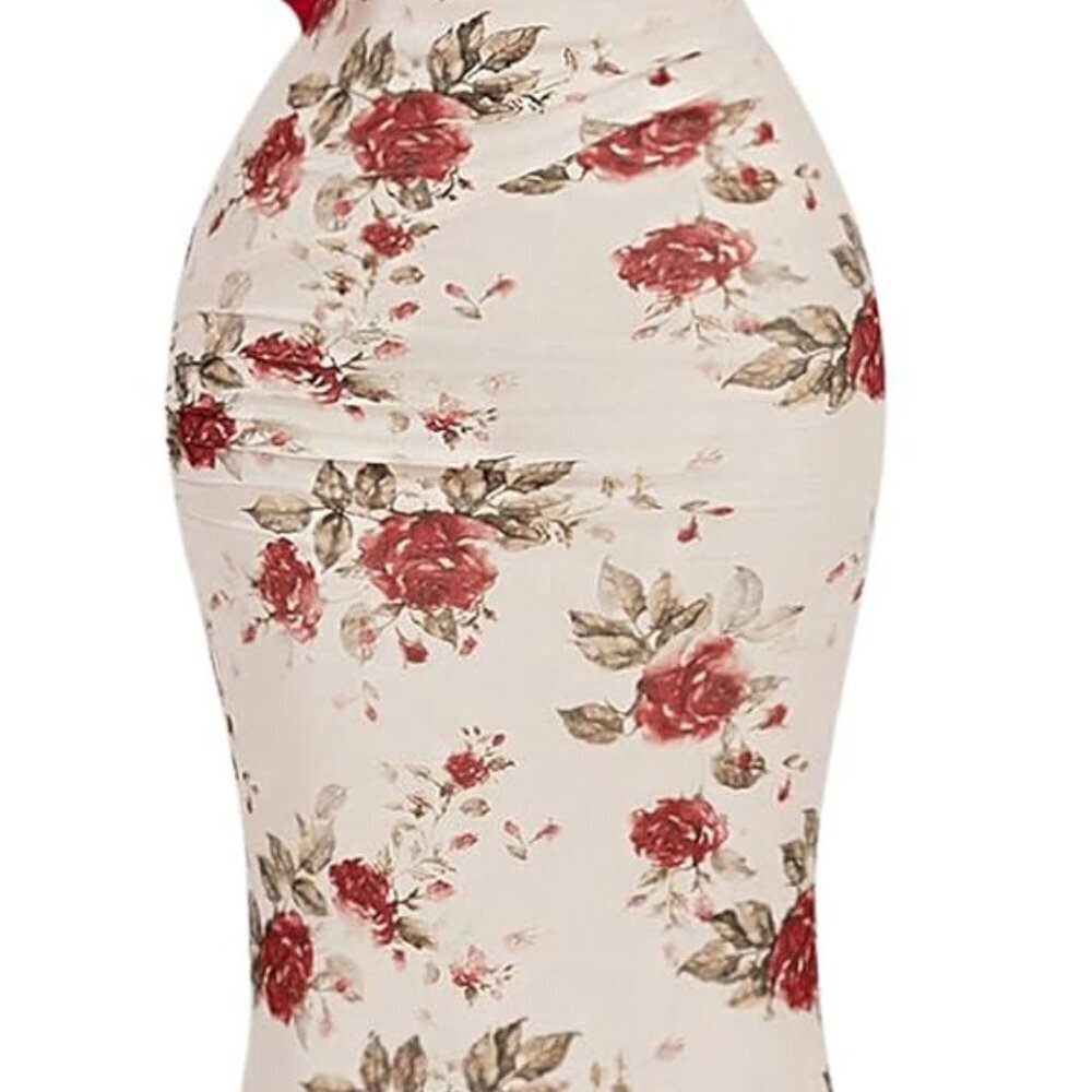 Women's Floral Maxi Dress Sleeveless Bowknot Bodycon Summer Dress Large